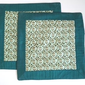 Set of 2 Silk Vintage Teal Trimmed Cream Floral Quilted 15”x 15” Pillow Shams